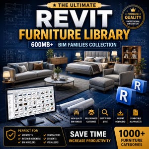 May include: A digital product advertisement for The Ultimate Revit Furniture Library, a 600MB+ BIM families collection. The graphic displays a computer monitor showing furniture icons, architectural blueprints, and a 3D rendered interior scene.