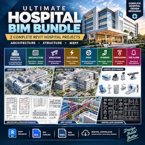 May include: A digital bundle for hospital design featuring two complete Revit projects, architectural and structural drawings, MEPF systems, and hospital Revit families. The graphic includes text labels for architecture, structure, electrical, HVAC, plumbing, firefighting, and fire alarm systems, along with icons for digital downloads.