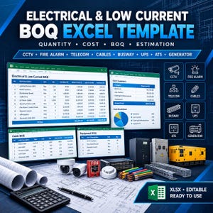 Puede incluir: Una plantilla de Excel para BOQ eléctrico y de baja corriente con hojas de cálculo para cantidad, costo y estimación. La pantalla incluye tablas para CCTV, alarma contra incendios, telecomunicaciones, cables, busway, UPS, ATS y generadores.