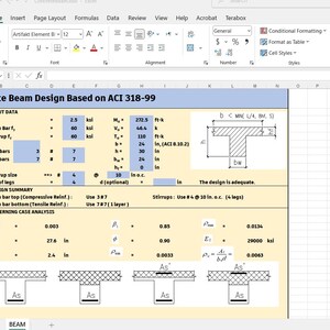 May include: A spreadsheet titled Concrete Beam Design Based on ACI 318-99 displaying engineering input data, design summary, and governing case analysis. It includes a T-beam cross-section diagram, structural calculations, and four schematic beam illustrations.