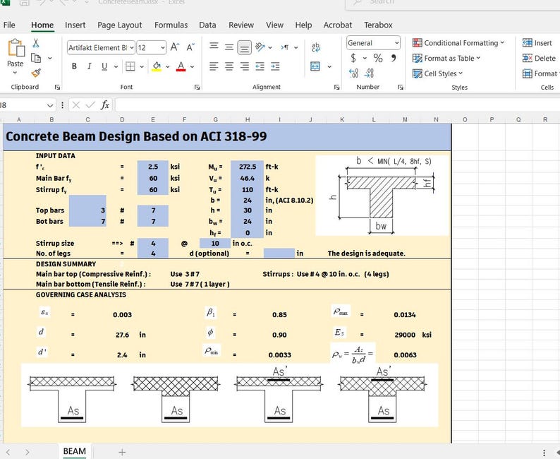 May include: A spreadsheet titled Concrete Beam Design Based on ACI 318-99 displaying engineering input data, design summary, and governing case analysis. It includes a T-beam cross-section diagram, structural calculations, and four schematic beam illustrations.