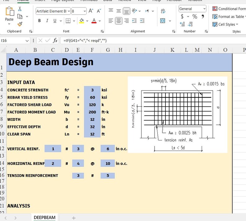May include: A digital spreadsheet titled Deep Beam Design displaying structural engineering input data including concrete strength, rebar yield stress, shear and moment loads, and dimensions, alongside a technical diagram of a reinforced beam.