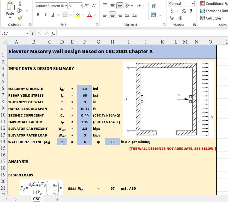 May include: A spreadsheet titled Elevator Masonry Wall Design Based on CBC 2001 Chapter A. It displays input data including masonry strength of 1.5 ksi, rebar yield stress of 60 ksi, wall thickness of 8 inches, and a diagram of a wall section.