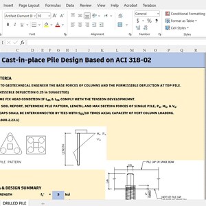 May include: A digital spreadsheet document titled Drilled Cast-in-place Pile Design Based on ACI 318-02. It lists design criteria, including a permissible deflection of 0.25 inches, and displays technical diagrams of pile patterns and structural details.