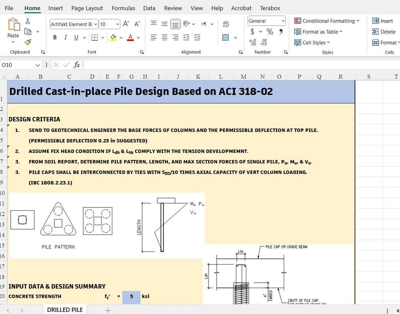 May include: A digital spreadsheet document titled Drilled Cast-in-place Pile Design Based on ACI 318-02. It lists design criteria, including a permissible deflection of 0.25 inches, and displays technical diagrams of pile patterns and structural details.