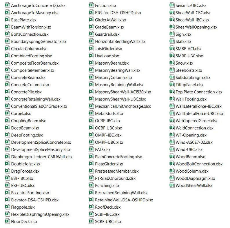May include: A digital list of spreadsheet files displayed in three columns, each featuring a green and white icon followed by technical engineering filenames such as AnchorageToConcrete, BeamWithTorsion, and ShearWall-IBC, organised alphabetically.