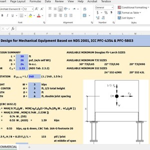 May include: A spreadsheet titled Double Joist Design for Mechanical Equipment Based on NDS 2001, ICC PFC-4354 & PFC-5803. It displays input data including a 30 ft joist span, 26 psf dead load, 24 in joist spacing, and a 3 kips equipment weight.
