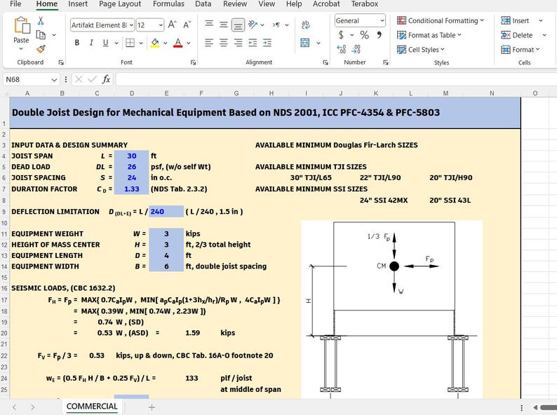 May include: A spreadsheet titled Double Joist Design for Mechanical Equipment Based on NDS 2001, ICC PFC-4354 & PFC-5803. It displays input data including a 30 ft joist span, 26 psf dead load, 24 in joist spacing, and a 3 kips equipment weight.