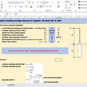 May include: A spreadsheet titled Flagpole Footing Design Based on Chapter 18 both IBC & UBC. It displays input data including lateral force, pole height, footing diameter, soil bearing capacity, and a diagram showing a pole with depth D and height H.