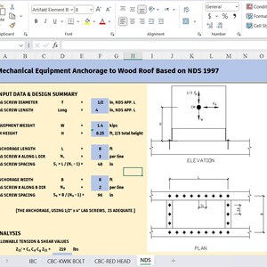 May include: A technical spreadsheet titled Mechanical Equipment Anchorage to Wood Roof Based on NDS 1997, displaying input data for lag screw diameter of 1.27 cm, length of 10.16 cm, equipment weight of 635 kg, and diagrams showing elevation and plan views.