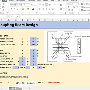 May include: A spreadsheet titled Coupling Beam Design displaying structural engineering input data and analysis. It includes a technical diagram of a coupling beam with diagonal bars, vertical ties, and horizontal bars, alongside calculations for concrete strength, rebar yield stress, and factored shear load.