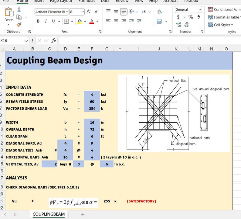 May include: A spreadsheet titled Coupling Beam Design displaying structural engineering input data and analysis. It includes a technical diagram of a coupling beam with diagonal bars, vertical ties, and horizontal bars, alongside calculations for concrete strength, rebar yield stress, and factored shear load.