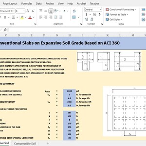 May include: A digital spreadsheet titled Design of Conventional Slabs on Expansive Soil Grade Based on ACI 360. It includes sections for design methods, input data, and structural properties with numerical values in feet, inches, and psf.
