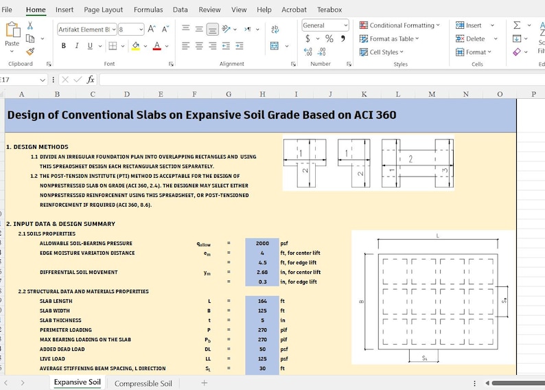 May include: A digital spreadsheet titled Design of Conventional Slabs on Expansive Soil Grade Based on ACI 360. It includes sections for design methods, input data, and structural properties with numerical values in feet, inches, and psf.
