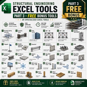May include: A digital infographic titled Structural Engineering Excel Tools Part 3 Free Bonus, featuring a grid of 29 numbered icons representing engineering calculations. The layout includes text labels for each tool, such as Boundary Spring Generator, Coupling Beam, and Shear Wall, alongside icons for code compliance and design features.
