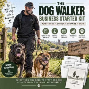 Könnte beinhalten: Ein digitales Starter-Kit für Hundebetreuer mit Texten wie The Dog Walker Business Starter Kit, Plan, Price, Launch, Organise, Grow und Happier Dogs Happier People. Enthält Vorlagen, Preisleitfäden, Buchungs-Tracker und Checklisten.
