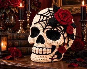 May include: A crocheted skull in off-white yarn with black yarn accents forming eye sockets, a nasal cavity, and teeth. A black crocheted spider web and spider sit on the cranium, adorned with deep red crocheted roses and black leaves.