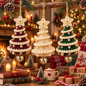 May include: Three hanging Christmas tree ornaments made of macrame cord. One is deep red, one is cream, and one is dark green. Each tree is topped with a cream star, decorated with small gold and white beads, and finished with a gold jingle bell.