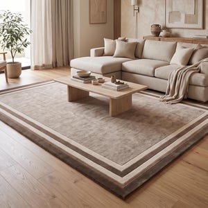 Hand Tufted Beige Area Rug, Taupe Border Wool Rug, Neutral Geometric Carpet, Modern Minimalist Rug for Living Room, Bedroom & Kitchen