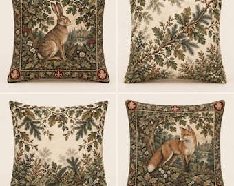 Funda de almohada con animales del bosque, decoración de conejo y zorro de estilo campestre inglés, funda de cojín de tapiz botánico vintage (14-24 pulgadas)