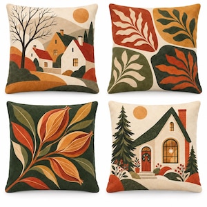 May include: A set of four square throw pillows featuring printed designs. One shows a village landscape with houses and a sun, another has abstract leaf patterns, the third displays botanical seed pods, and the fourth depicts a house with a pine tree.