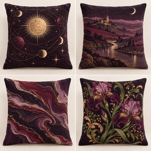 May include: A set of four square throw pillows featuring distinct designs: one with a celestial solar system pattern, one with a dark castle landscape, one with a purple and gold marble swirl, and one with detailed purple iris flowers.