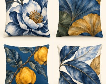 Fodera per cuscino con motivo botanico blu e oro, stampa floreale blu navy con foglie di ginkgo, cuscino double-face (35-60 cm)