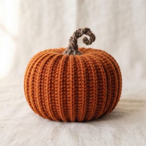 Pode incluir: Uma abóbora de crochê redonda em uma cor laranja queimado vibrante. A abóbora apresenta uma textura canelada criada pelos pontos de crochê e é rematada com um pequeno caule em espiral marrom escuro feito de fio que se enrola no topo.
