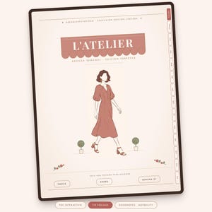 Puede incluir: Una interfaz de agenda digital titulada L'ATELIER AGENDA SEMANAL EDICIÓN PERPETUA, con una ilustración central de una persona con vestido, pestañas de navegación laterales para meses y botones inferiores INDICE, ENERO, SEMANA 01.