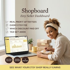May include: A laptop displaying the Shopboard Etsy Seller Dashboard software, featuring data on real profit, fees, discounts, and tax set-asides. The screen shows a financial interface with charts and text, while three circular badges highlight key features.