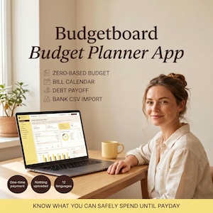 Könnte beinhalten: Ein Laptop zeigt das Dashboard der Budgetboard Budget Planner App mit den Funktionen Zero-Based Budget, Bill Calendar, Debt Payoff und Bank CSV Import. Der Text umfasst One-time payment, Nothing uploaded, 12 languages und Know what you can safely spend until payday.