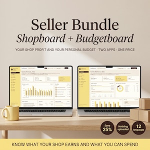 Op de afbeelding: Twee laptops met de software-interfaces Seller Bundle Shopboard en Budgetboard. De tekst luidt Seller Bundle Shopboard + Budgetboard, Your shop profit and your personal budget, two apps, one price, en Know what your shop earns and what you can spend.