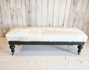 White Cowhide Leather and Walnut Bedside Bench