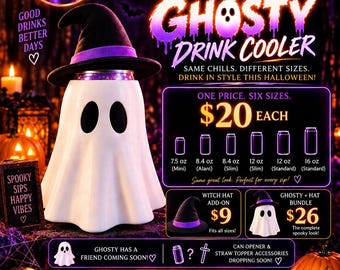 Ghosty Halloween Drink Cooler | Spooky Can Holder, Witch Hat Topper (Multiple Sizes)