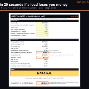 May include: A digital spreadsheet titled LOAD EVALUATOR for owner-operators, featuring sections for load details, financial calculations, and a verdict box labeled MARGINAL. The interface includes fields for pay, mileage, and fees, with a calculated real net profit of $71.70.