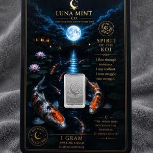 May include: A 1 gram .999 fine silver bar featuring a crescent moon and stars design, mounted on a black display card. The card depicts a night scene with koi fish, a full moon, and text including Luna Mint Co. and Spirit of the Koi.