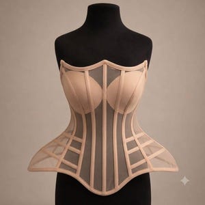 Può includere: Un corsetto senza spalline in tessuto color carne con canali per stecche verticali e pannelli in rete trasparente. Il capo presenta un corpetto strutturato con coppe definite e un orlo a baschina svasato, creando una linea architettonica.