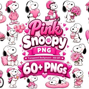 May include: A collection of Snoopy illustrations in various poses, all featuring pink clothing and accessories. The central text reads Pink Snoopy PNG, Transparent Background, 300 DPI, and 60+ PNGs. The characters are shown with items like hearts, flowers, a bicycle, a scooter, and a car.