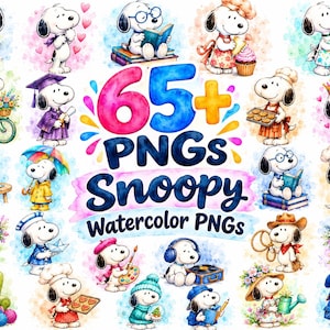 May include: A collection of over 65 Snoopy watercolour PNG digital illustrations featuring the character in various outfits and activities, including sports, cooking, reading, and gardening, with the text 65+ PNGs Snoopy Watercolor PNGs.