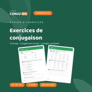 Puede incluir: Un cuaderno de ejercicios de color verde oscuro titulado Victor ConjuGo Exercices de conjugaison que contiene 17 páginas de ejercicios de conjugación de verbos en francés para los niveles CP, CE1 y CE2 con pauta Seyès en las páginas abiertas.