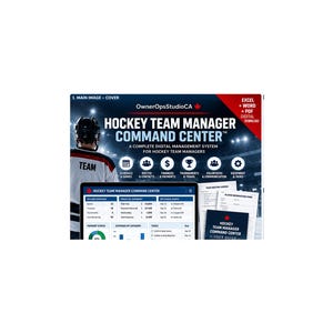 May include: A digital Hockey Team Manager Command Center management system featuring a hockey player in the background, a dashboard interface, and documents labeled Hockey Team Manager Command Center User Guide in a professional layout.