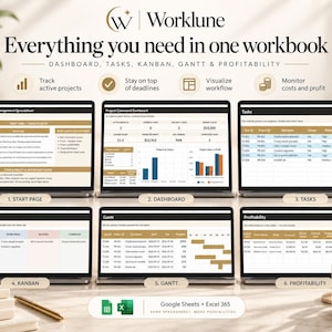 May include: A digital project management workbook for Google Sheets and Excel 365 titled Worklune. The interface displays six screens: Start Page, Project Command Dashboard, Tasks, Kanban board, Gantt chart, and Profitability tracker.