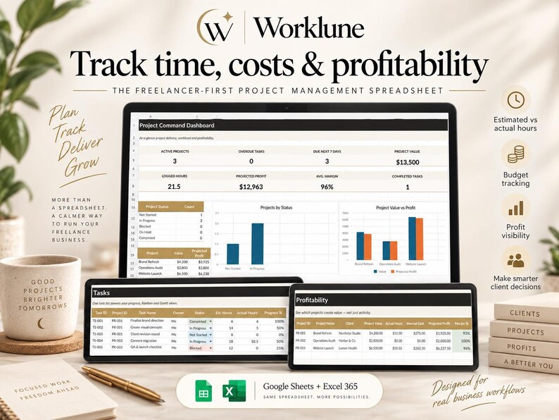 Project management spreadsheet dashboard showing active projects, overdue tasks, upcoming deadlines, logged hours, project value and projected profit.