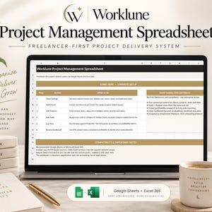 May include: A laptop screen displaying the Worklune Project Management Spreadsheet for Google Sheets and Excel 365. The interface features a setup guide, task tracking, and project delivery system details with gold and white color accents.
