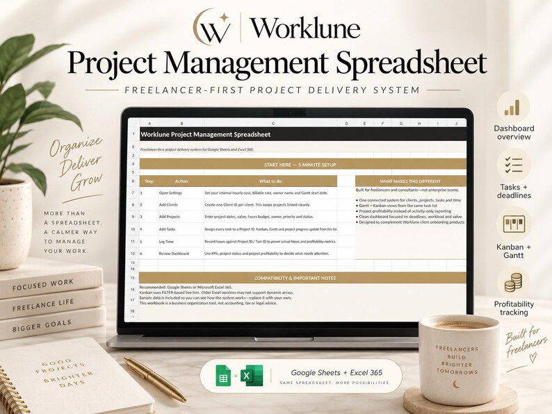 May include: A laptop screen displaying the Worklune Project Management Spreadsheet for Google Sheets and Excel 365. The interface features a setup guide, task tracking, and project delivery system details with gold and white color accents.