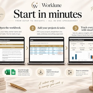 May include: A digital project management spreadsheet for freelancers and small teams, featuring three laptop screens displaying setup, task tracking, and dashboard views. Includes text: Worklune, Start in minutes, Excel & Google Sheets friendly.
