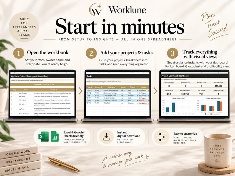 May include: A digital project management spreadsheet for freelancers and small teams, featuring three laptop screens displaying setup, task tracking, and dashboard views. Includes text: Worklune, Start in minutes, Excel & Google Sheets friendly.