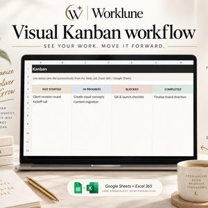 Kanban board in a project management spreadsheet showing tasks grouped as Not Started, In Progress, Blocked and Completed.