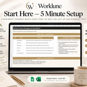 May include: A laptop screen displaying the Worklune Project Management Spreadsheet with a 5-minute setup guide. The interface includes columns for steps, actions, and tasks. Surrounding elements include a notebook, a pen, and a mug with text.
