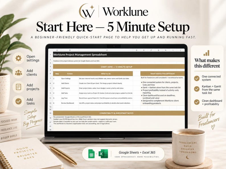 May include: A laptop screen displaying the Worklune Project Management Spreadsheet with a 5-minute setup guide. The interface includes columns for steps, actions, and tasks. Surrounding elements include a notebook, a pen, and a mug with text.